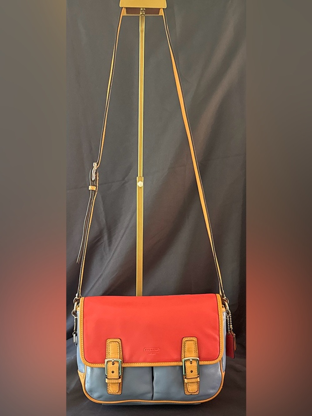 Coach Park Colorblock Flap Crossbody (F23383) in Red & Blue With Tan Trim